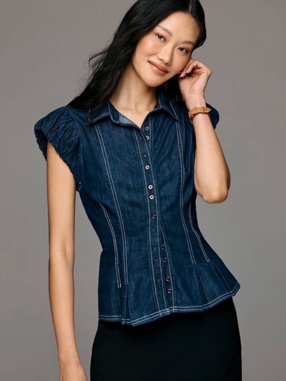 NWT Pilcro Anthropologie Dark Denim Puff Cap Sleeve Top. XL Navy White Stitching